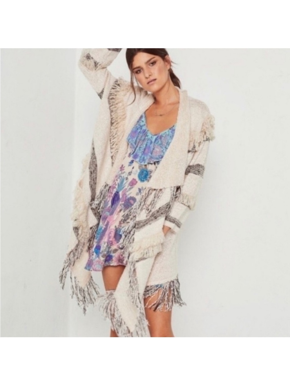 EUC Spell Beni Cream and Gray Striped Fringed Open-Front Cardigan size M/L